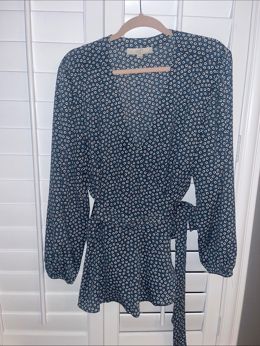 LOFT Blue Wrap Tunic with Ivory Dot/Flower Print